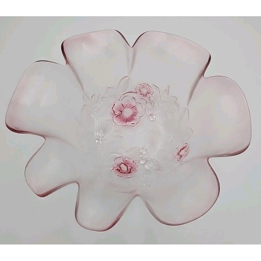 Vintage Mikasa Bella Rosa Frosted 7 Petal Pink Glass Bowl Germany Floral 10in